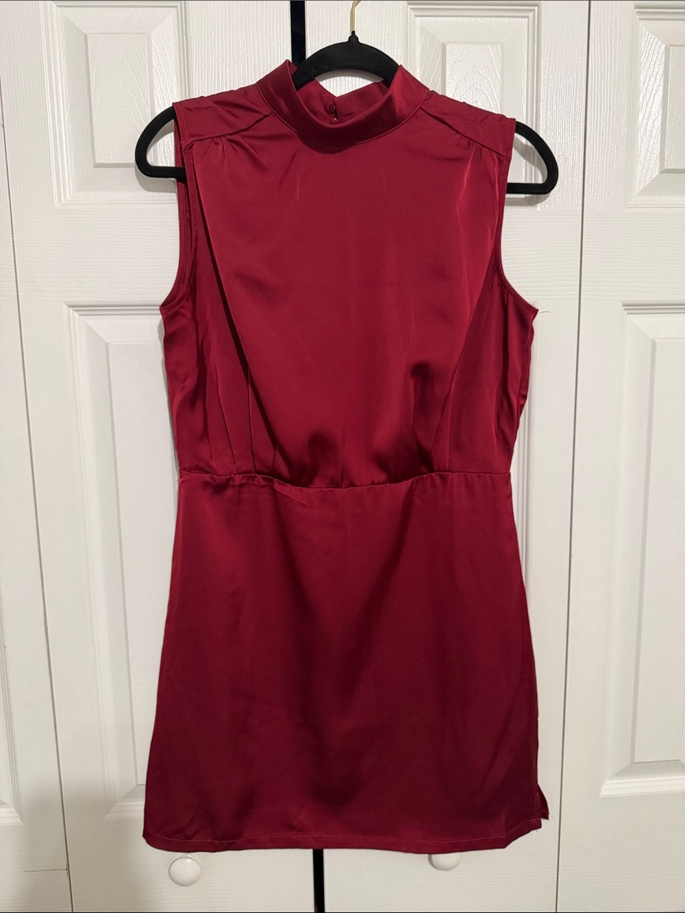 Sleeveless Mock Neck Wine Red Satin Dress